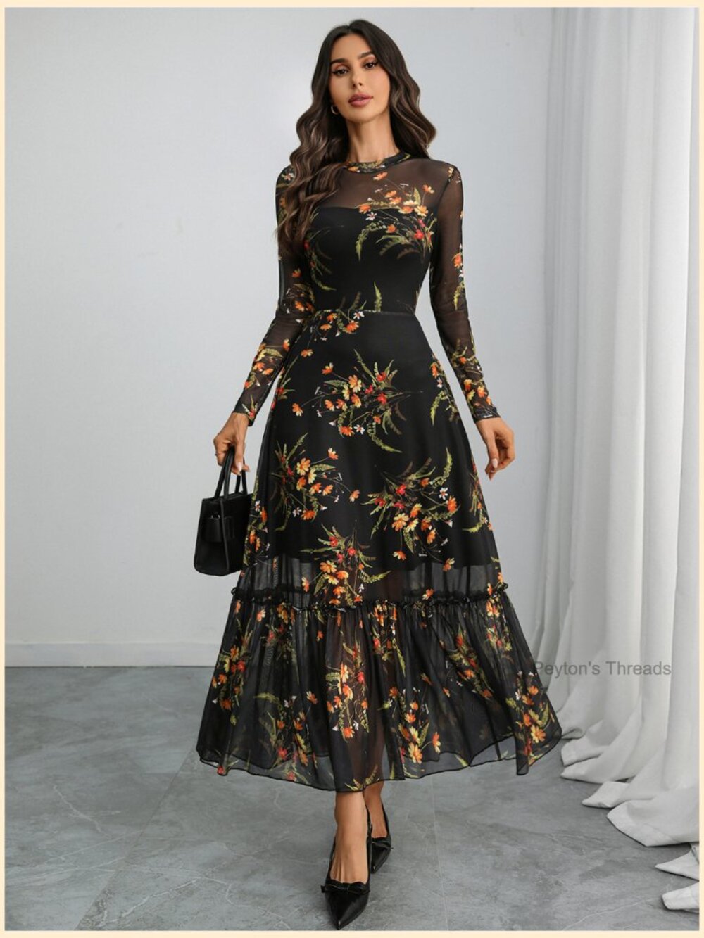 Floral Mesh Maxi Dress Long Sleeve A Line Ruffle Hem Wedding Guest - Picture 7 of 7